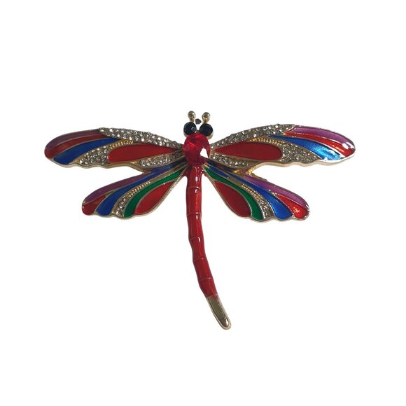 Dragonfly Brooch Rhinestones Red Green Blue Gold Tone Sparkling Enamel Jewelry - Picture 1 of 4